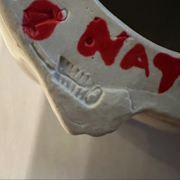 Vintage Cat Ceramic Figurine Laying Down Yellow Eyes Blue Brown Cream Name on - Picture 6 of 6